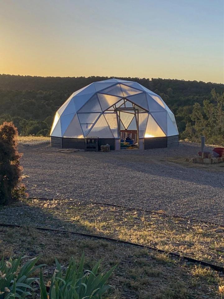 geodesic dome at sunset