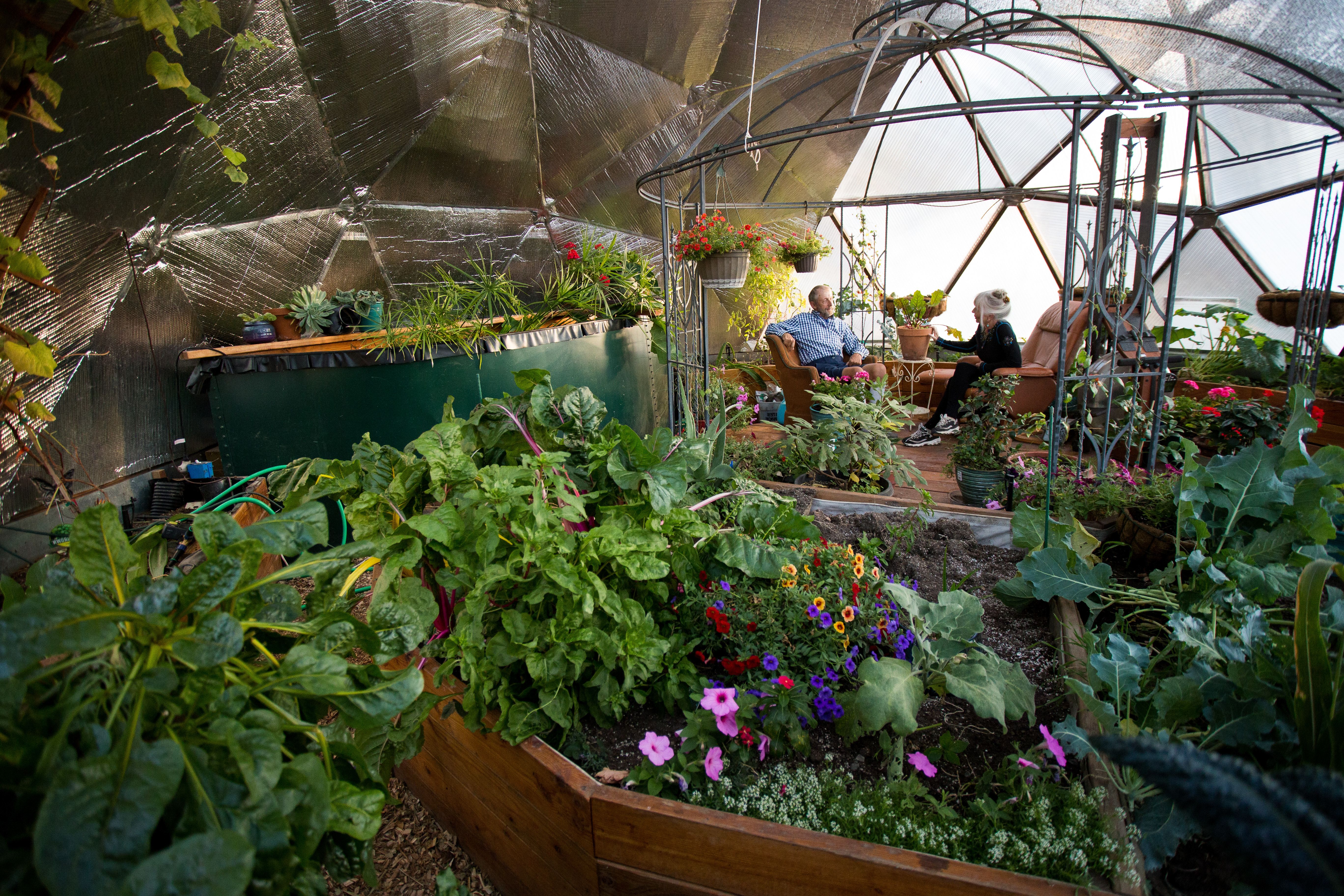 founders udgar and puja parsons enjoying their gowing dome full of vegetables and flowers