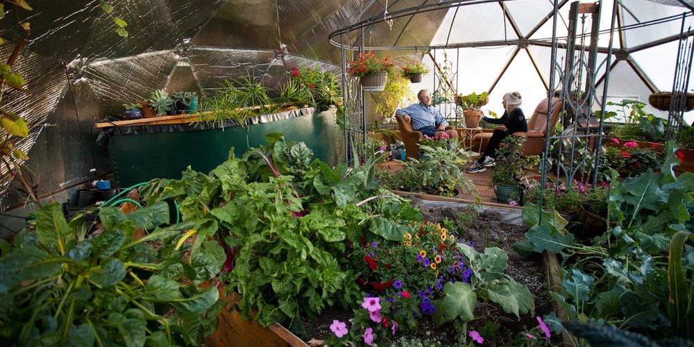 founders udgar and puja parsons enjoying their gowing dome full of vegetables and flowers