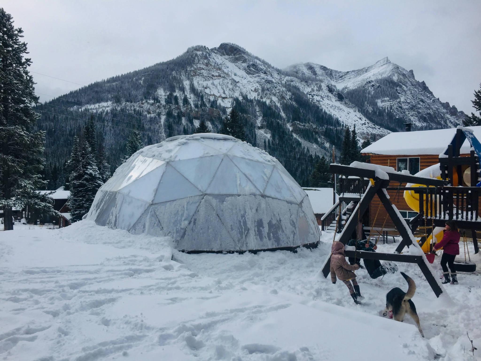 Cooke City School's 26-foot Growing Dome in deep Montana snow