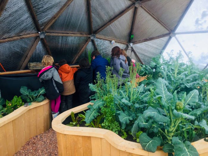 Students examining the water pond inside their Growing Dome in Cooke City, Montana