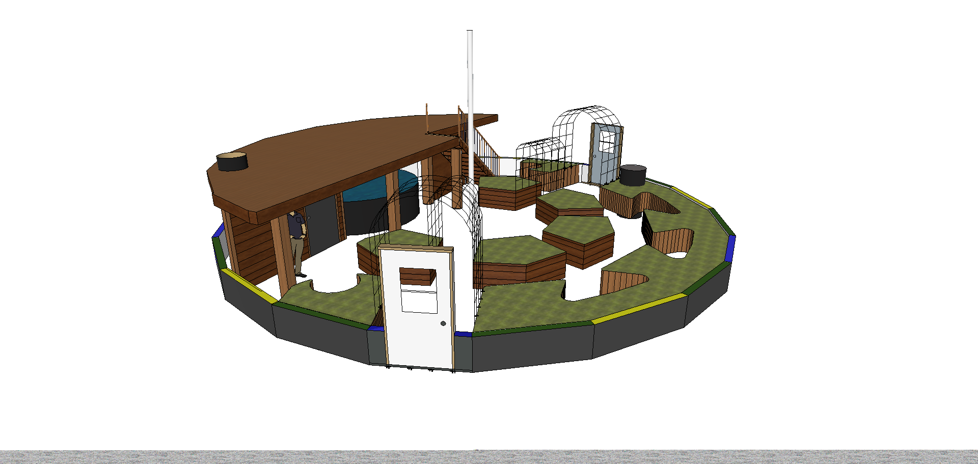 graphic drawing of the interior of a growing dome greenhouse with beds and a deck