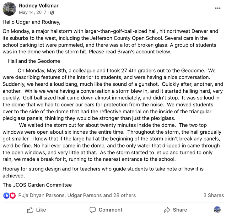 long customer testimonial about best greenhouse for hail from facebook