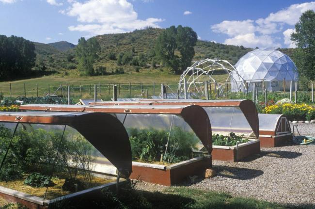 Farm with cold frames with plants and a biodome behind