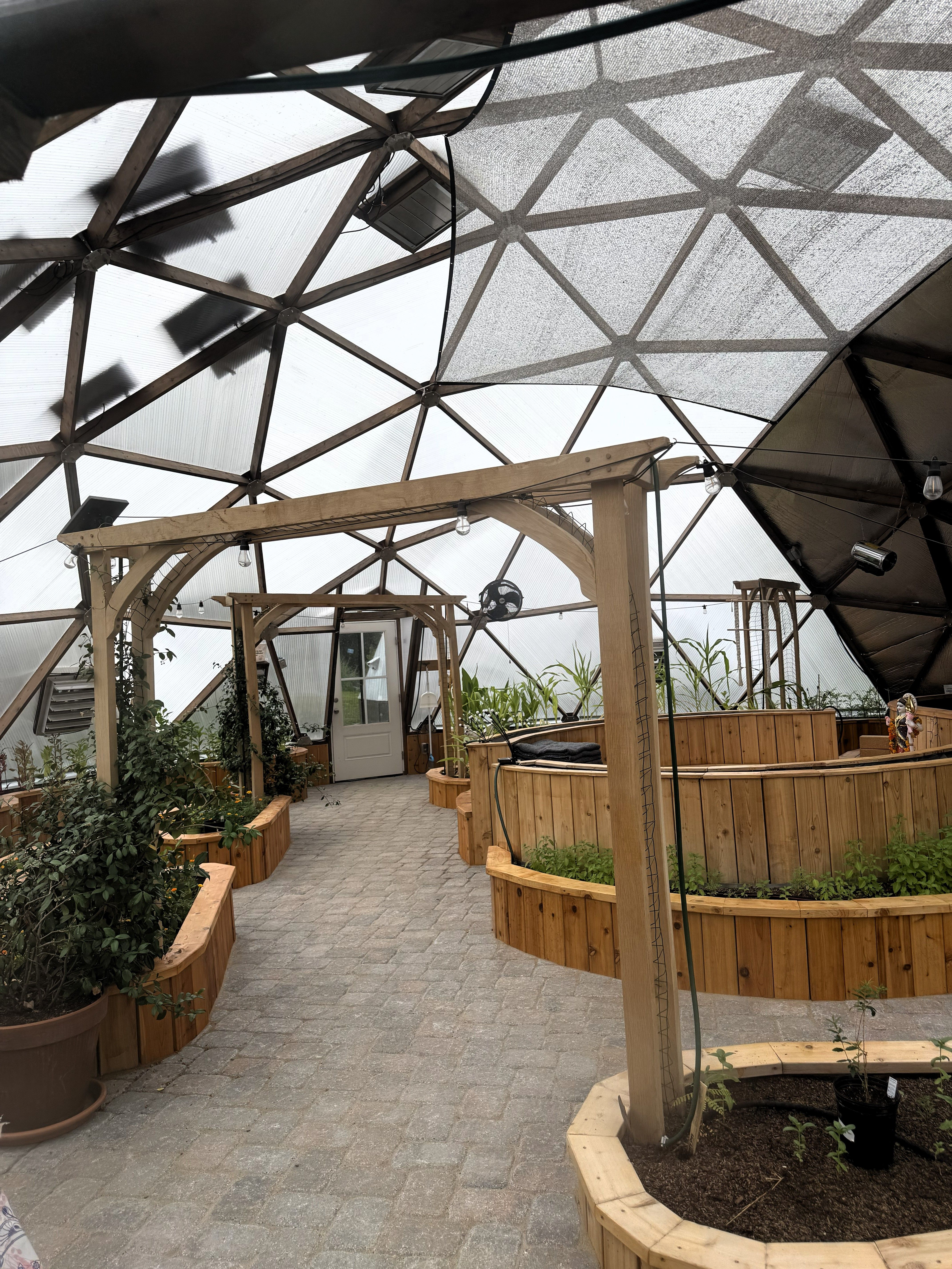 Kula Kamala dome with wooden arch and view of the geodesic pattern of the roof
