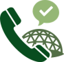 customer support icon showing a phone in the foreground with a geodesic dome behind it and a speech bubble above it with a checkmark inside the bubble