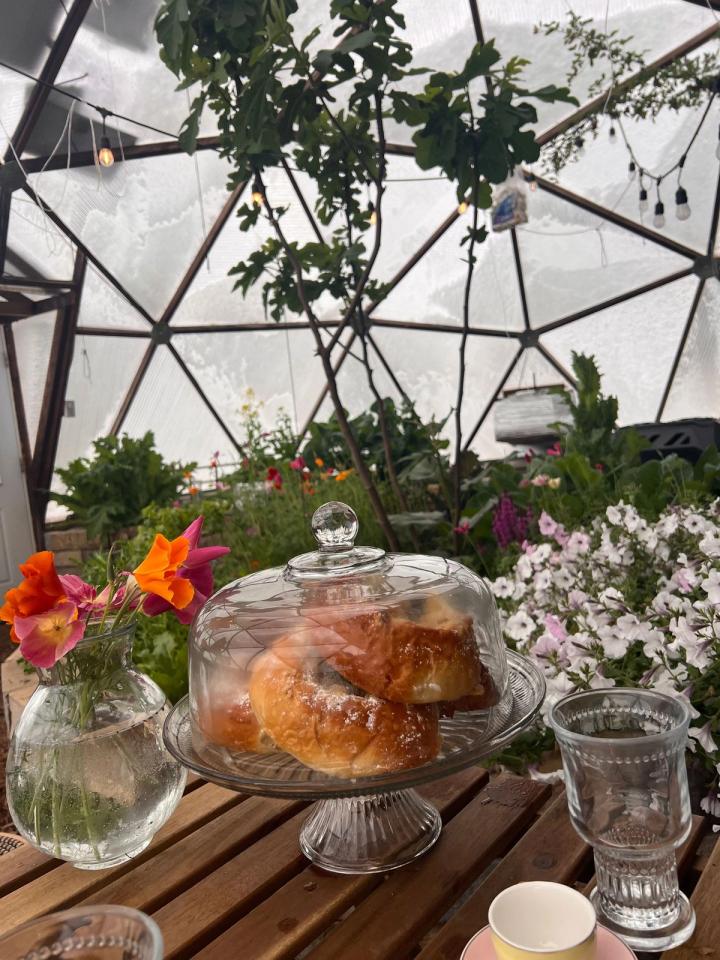 Table inside of greenhouse set with flowers and pastries