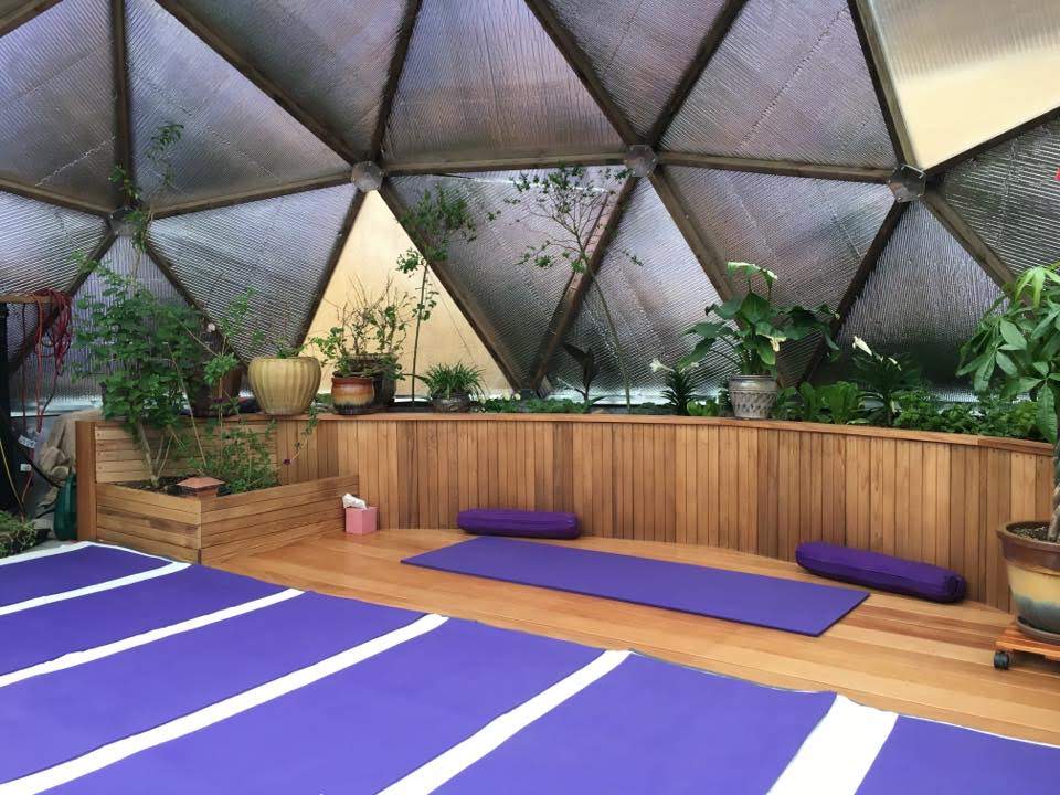 purple yoga mats laid out inside a custom designed greenhouse with a perimeter garden bed