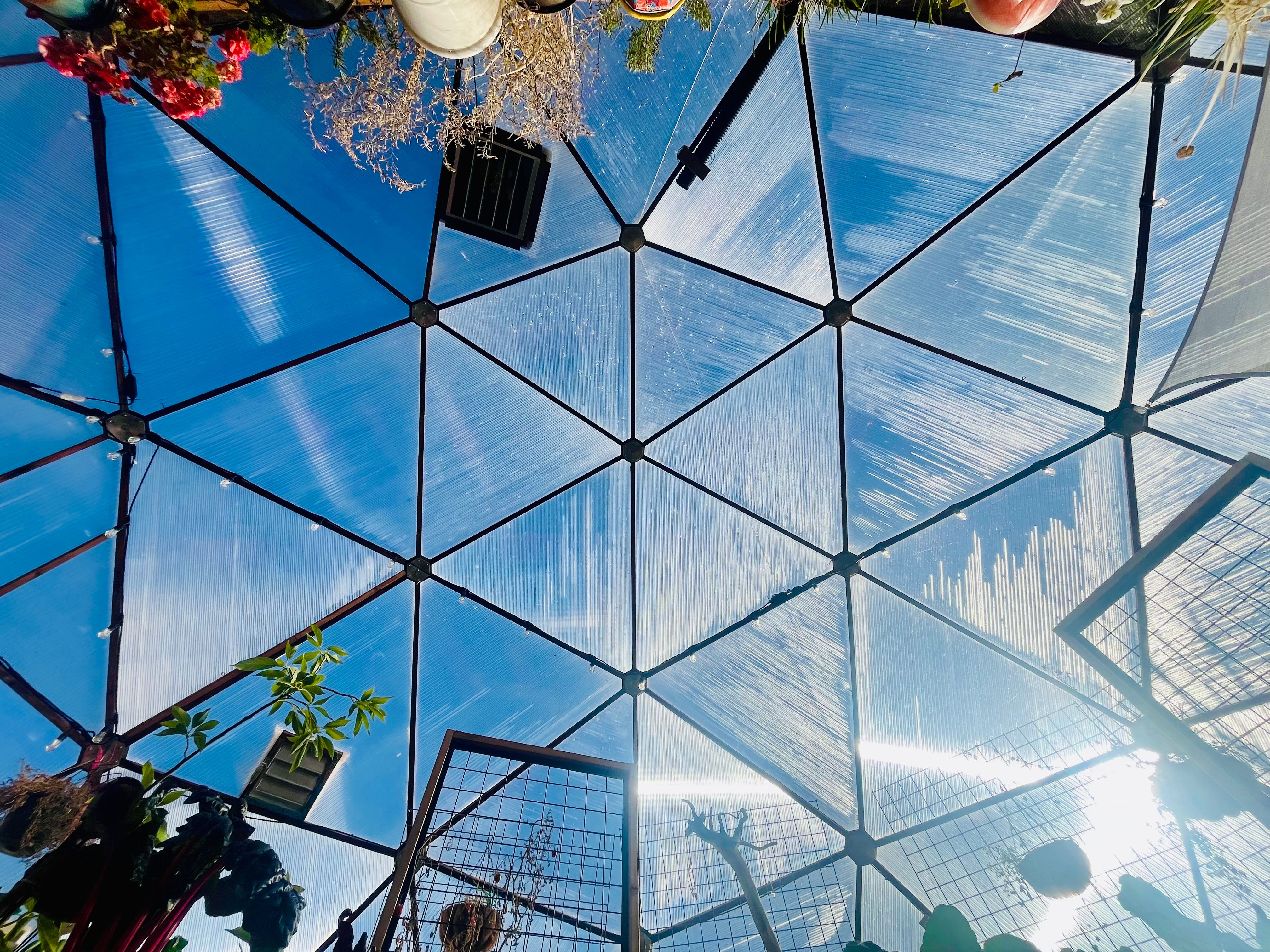 view looking up at the top of a Growing Dome greenhouse geodesic structure