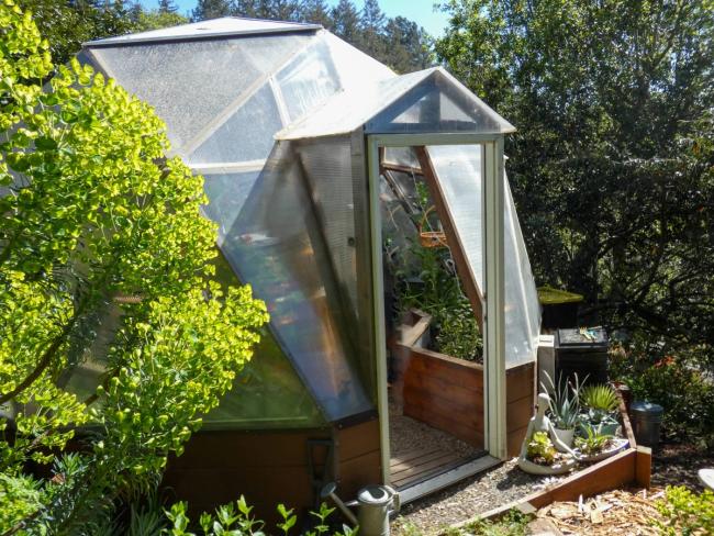 18 foot diameter Growing Dome greenhouse surrounded by trees and shrubs