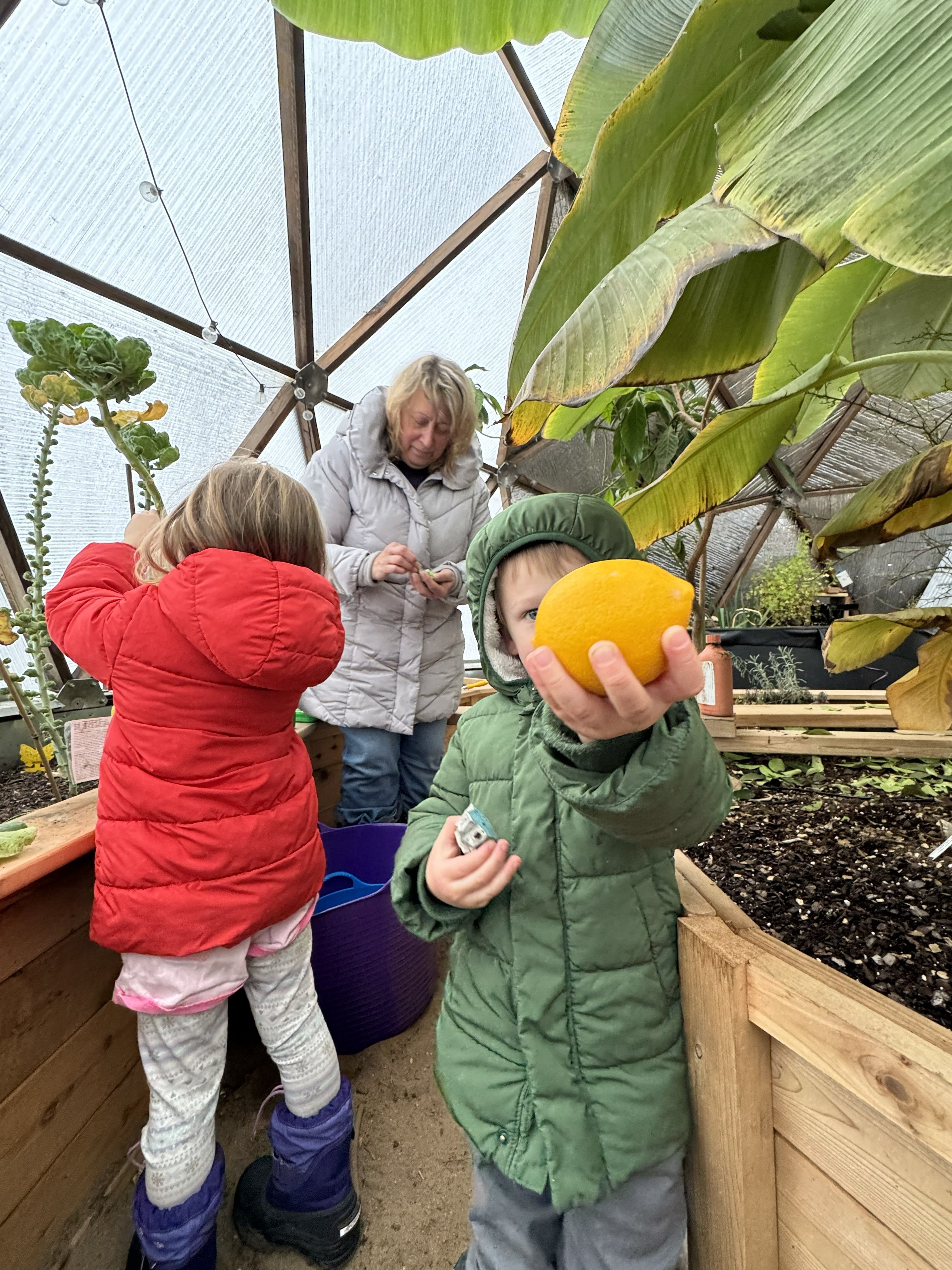 A family harvesting produce inside a Northern Michigan Growing Dome