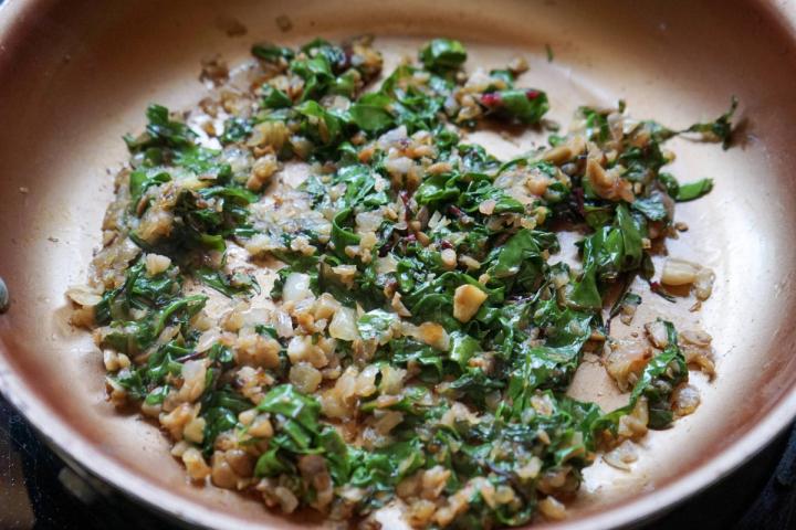 sauté swiss chard and mushroom stems until wilted