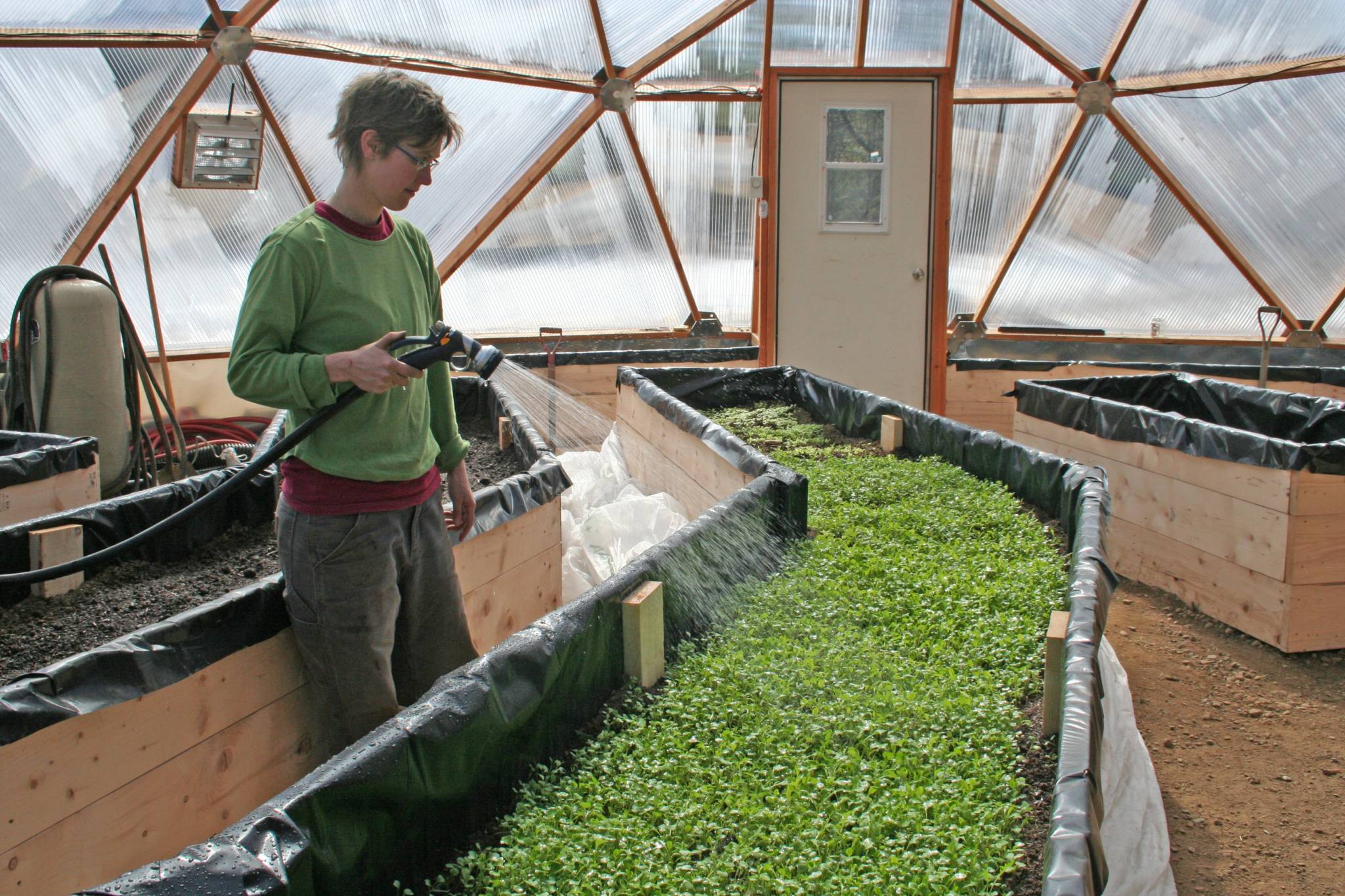 long raised beds in Growing Dome Greenhouse
