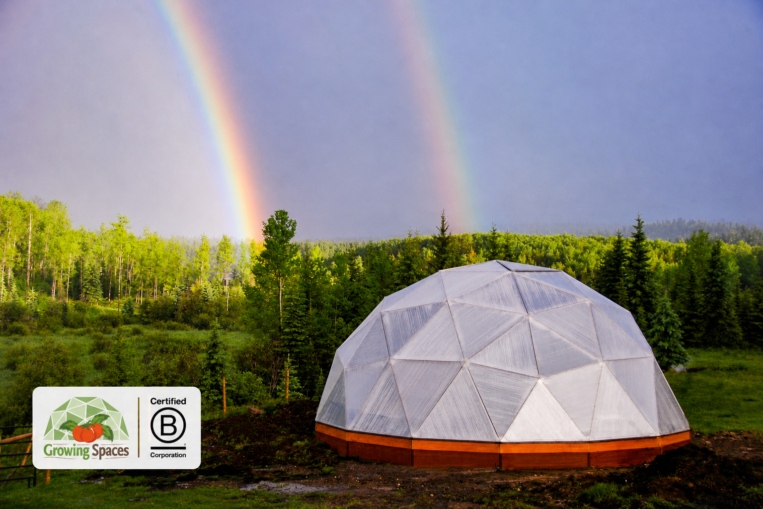 Growing Dome with rainbows and Growing Spaces Logo with Certified B Corporation marks