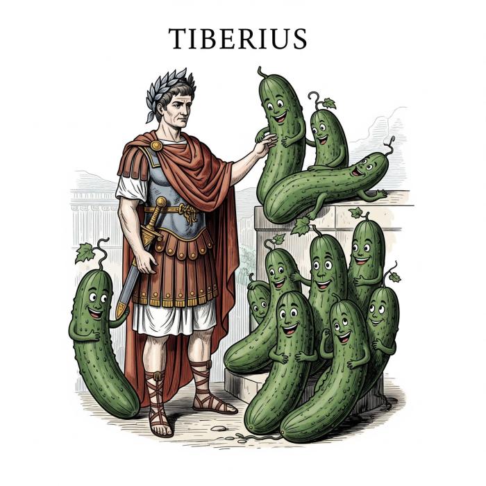 Emperor Tiberius and cucumbers Gemini AI generated illustration