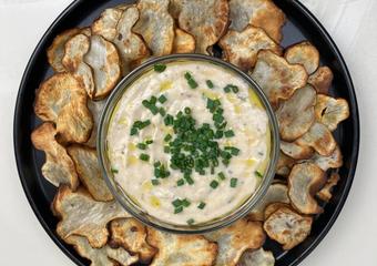 Rosemary and Roasted Garlic Dip with Sunchoke Chips