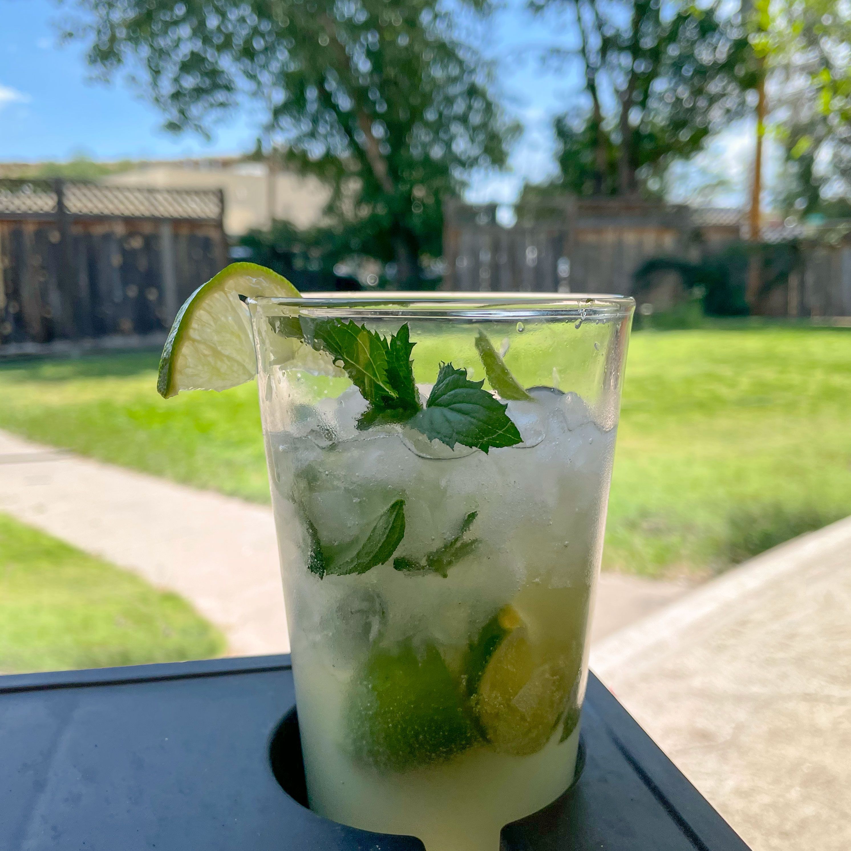 glass filled with limes mint juice ice sitting in a cup holder someone's yard in background