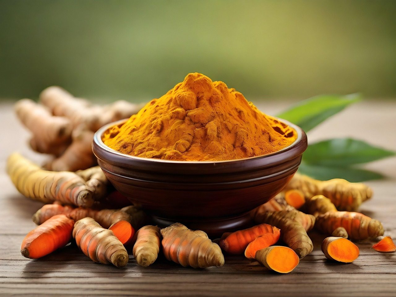 ground turmeric in a bowl surrounded by rhizomes