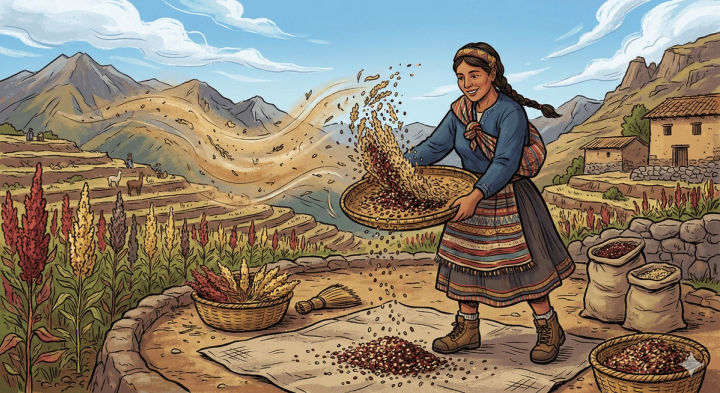 Woman winnowing quinoa using the wind. Gemini AI illustration.