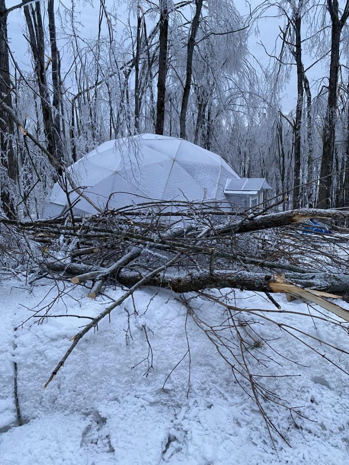 dome after ice storm with broken trees piled up outside