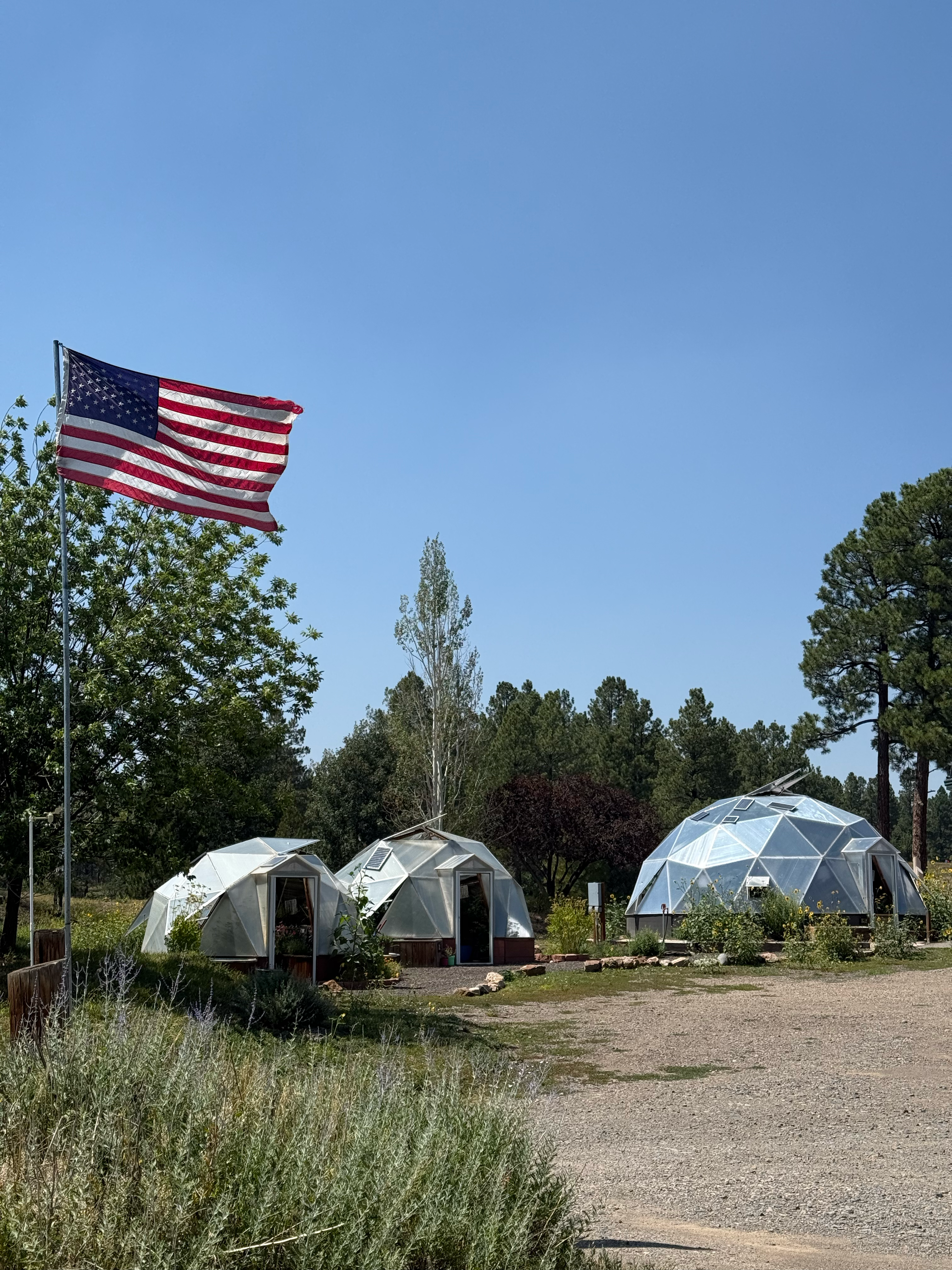 American flag blowing near Growing Dome greenhouses in high wind