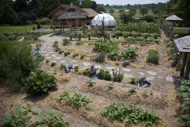 Growing Dome set among garden beds and paths at the Rodale Institute in Pennsylvania