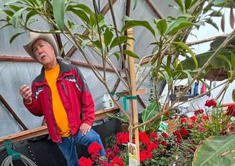 Bill giving a tour of his Growing Dome. There are bright red geraniums in the foreground and you can see tropical plants like bananas growing in raised beds in the background