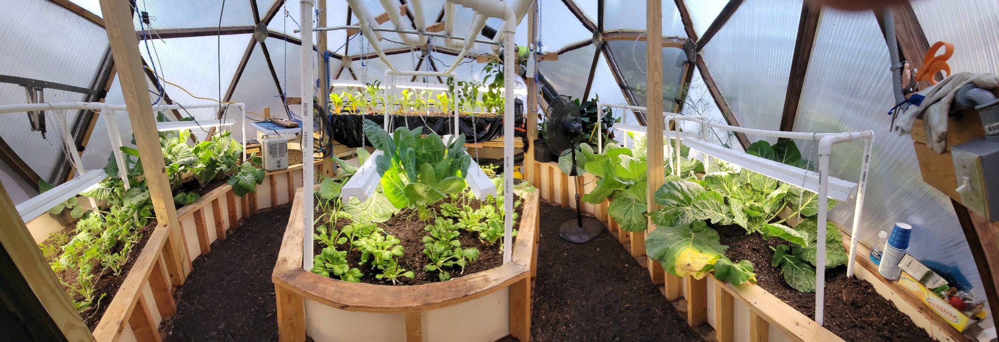 A panoramic view inside an 18-foot North Carolina Growing Dome