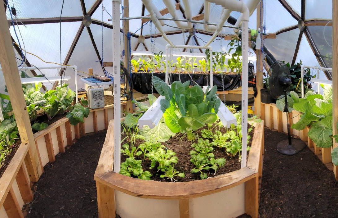A panoramic view inside an 18-foot North Carolina Growing Dome
