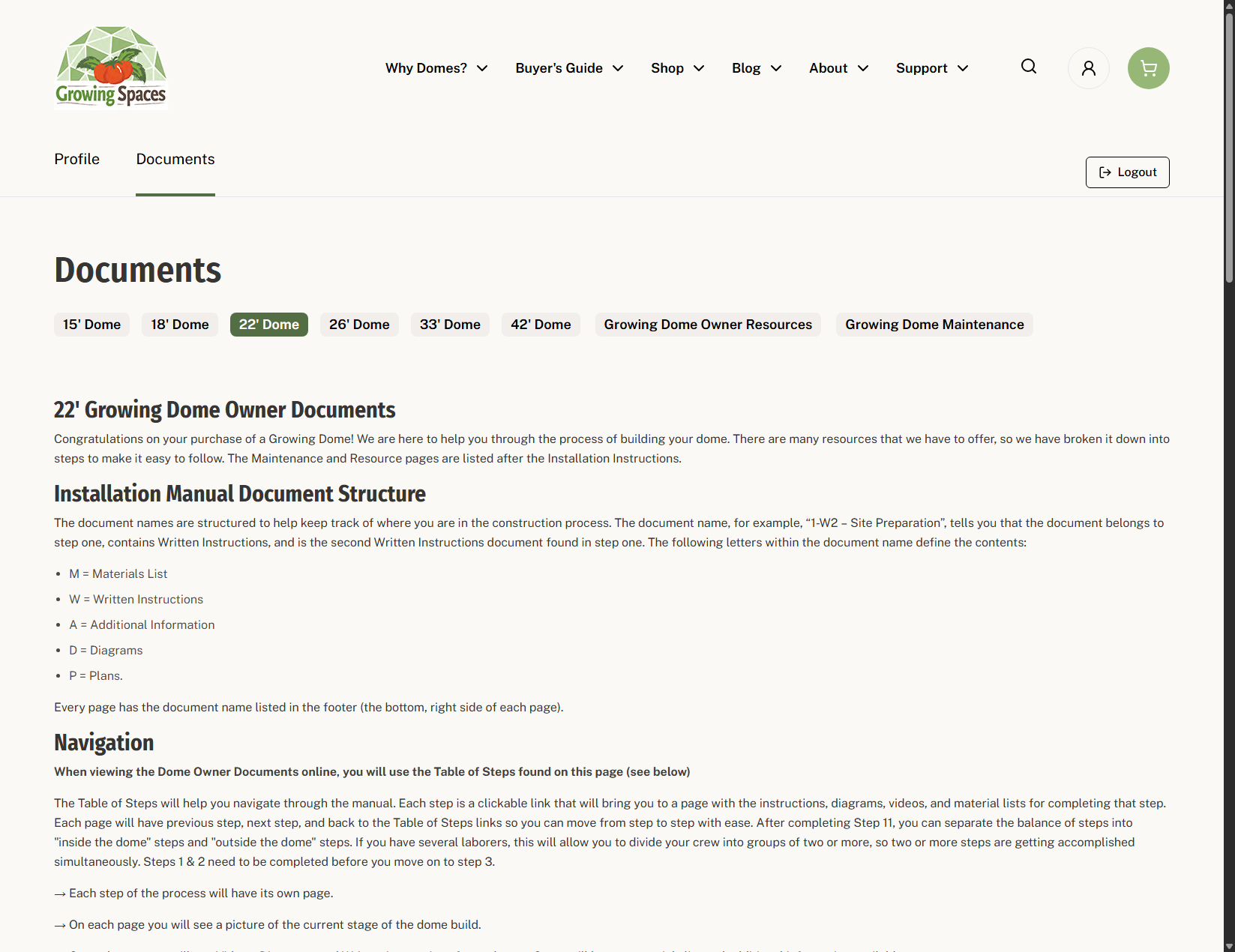 screenshot of Growing Spaces Owner Documents Area