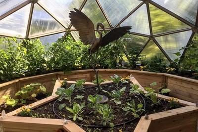 Growing Dome greenhouse with a Texas star center raised bed
