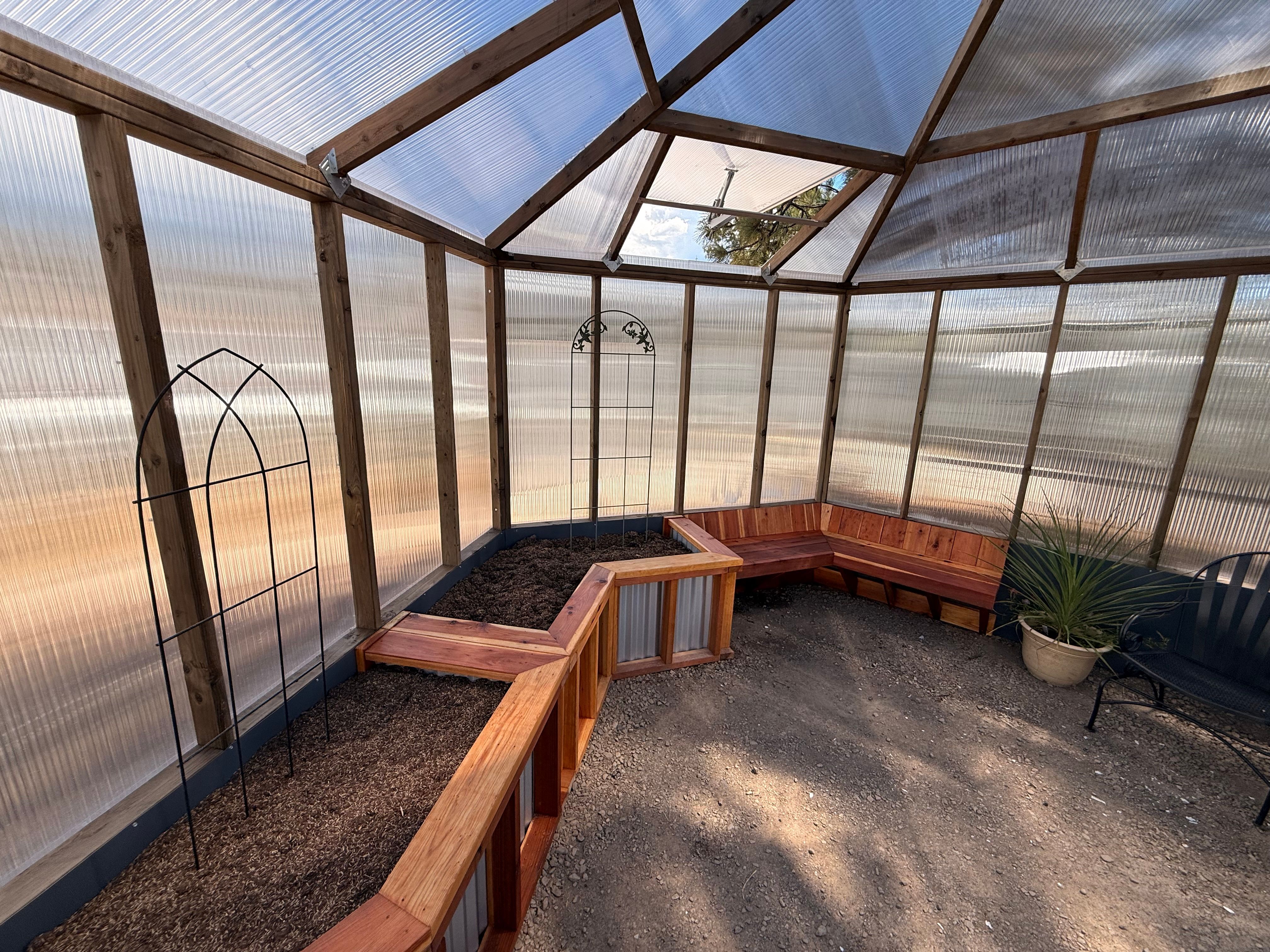 growzebo hexagonal greenhouse interior bed and bench
