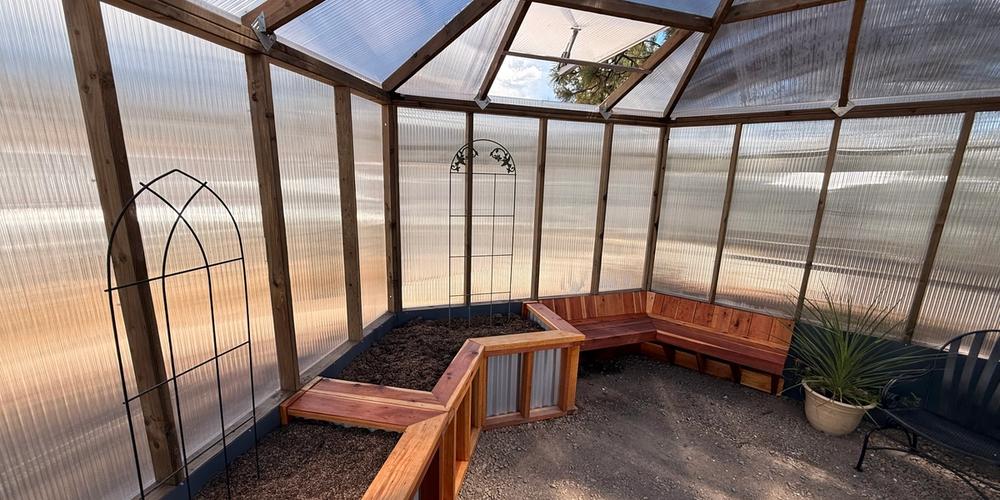 growzebo hexagonal greenhouse interior bed and bench