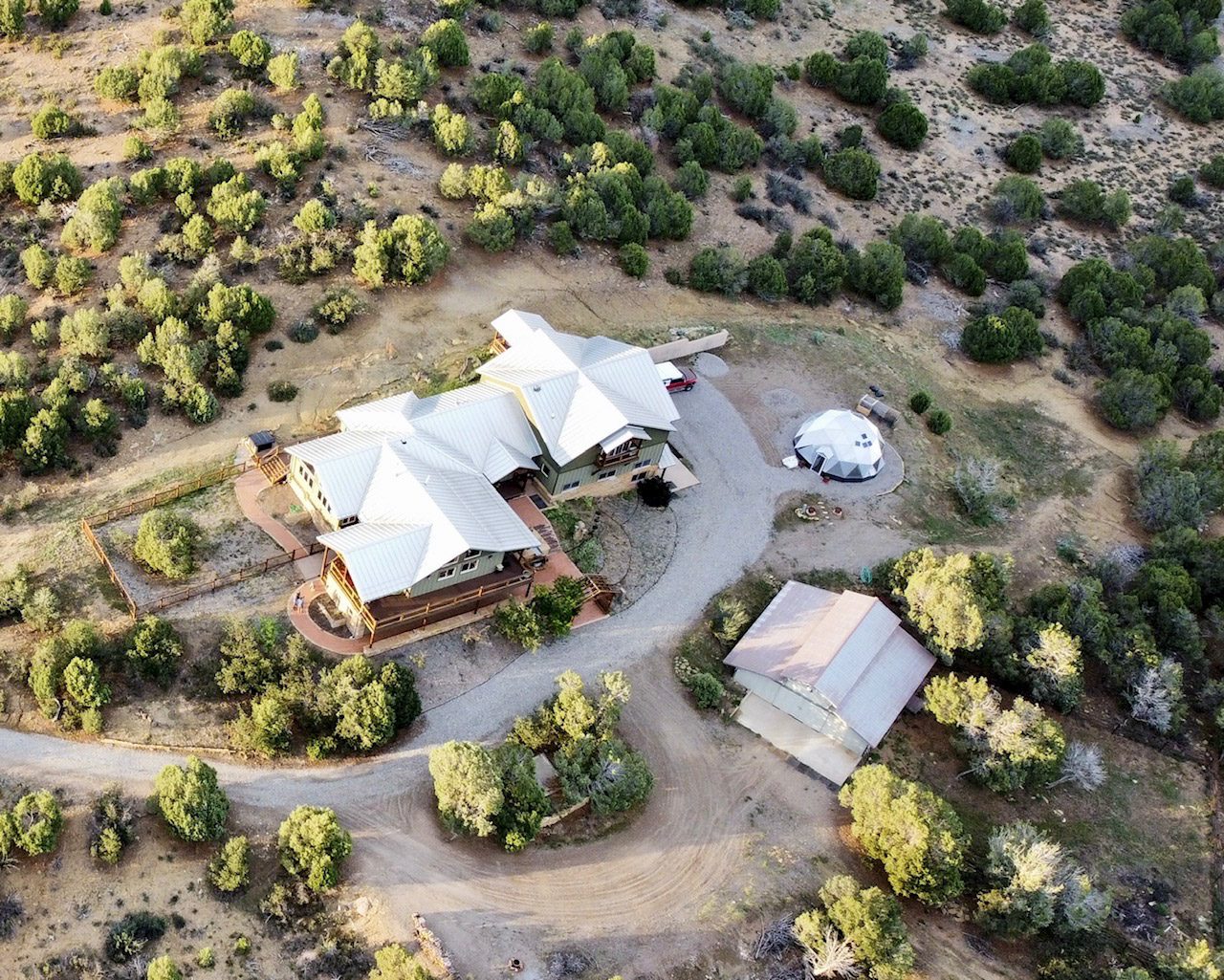 drone view of geodesic dome greenhouse