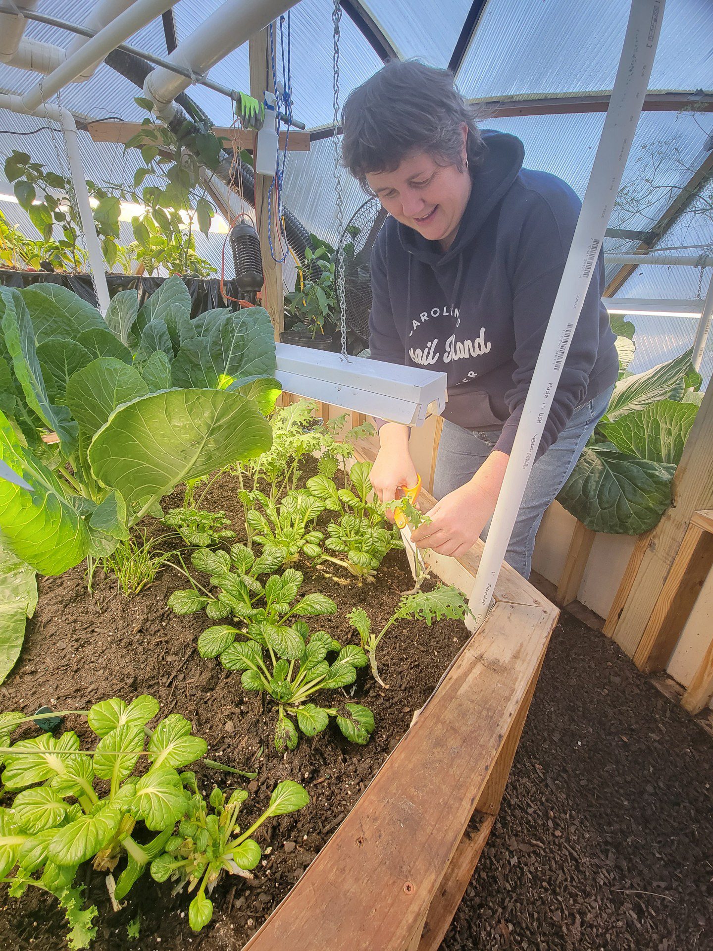 Grower tending leafy greens inside a Growing Dome in Clayton, North Carolina