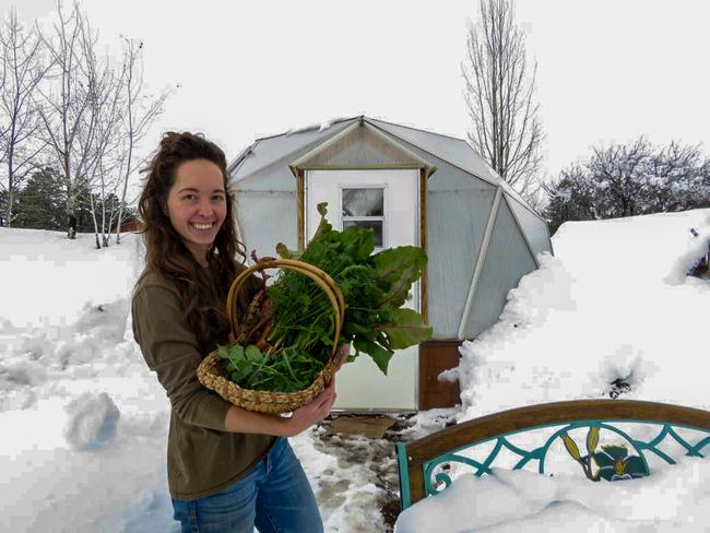 Woman holding a basket of fresh greens outside her Growing dome greenhouse in the snow