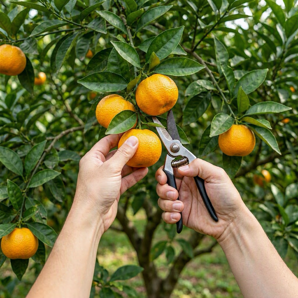 person harvesting mandarins outside using pruning sheers microsoft copilot AI generated image