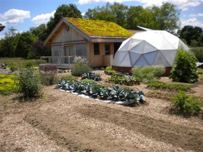 Growing Dome surrounded by vegetable beds at the Shumei Natural Agriculture Garden in Pennsylvania