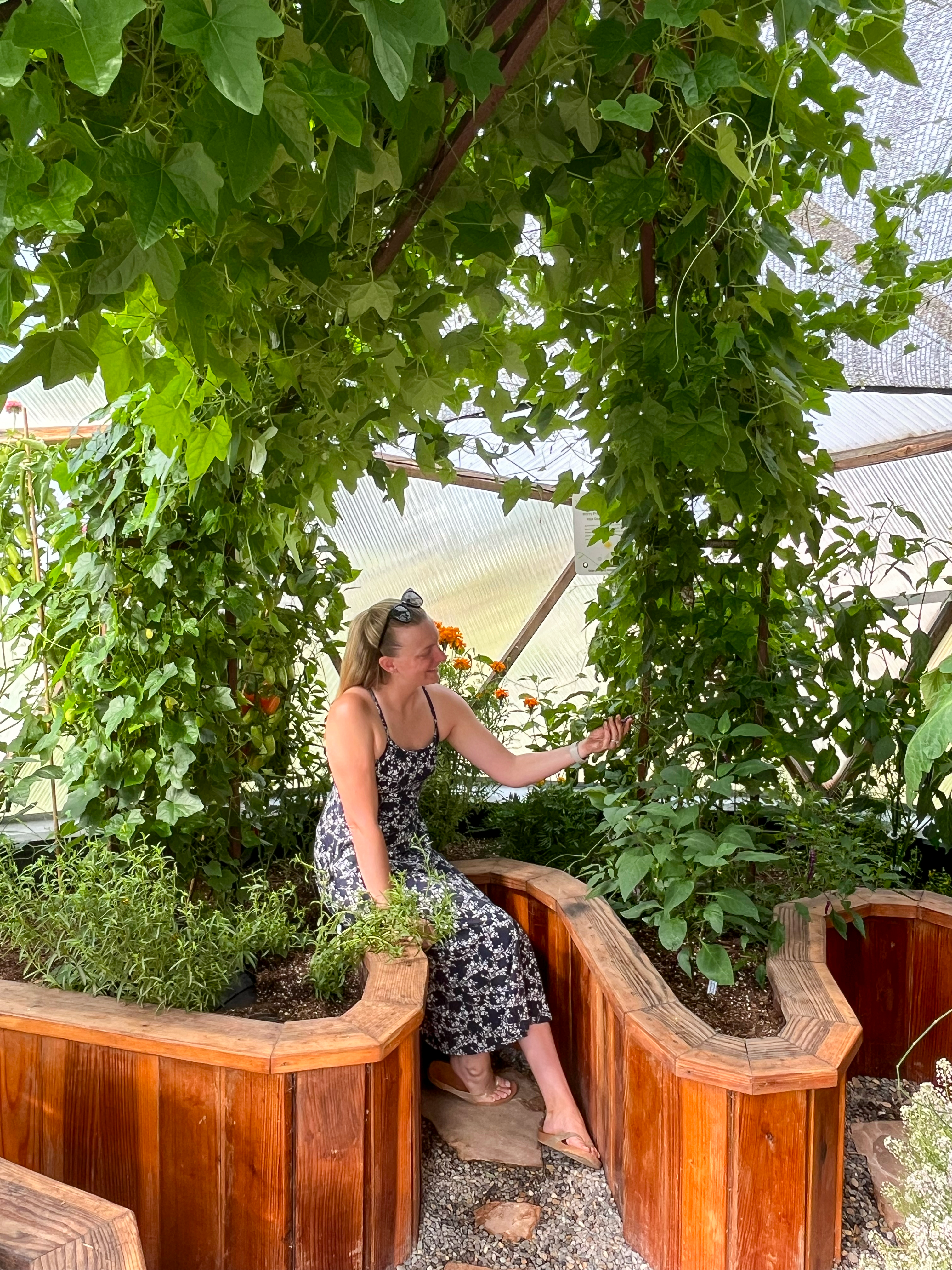 woman sitting on a raised bed planter inside the dome greenhouse under a trellis with lush green plants growing