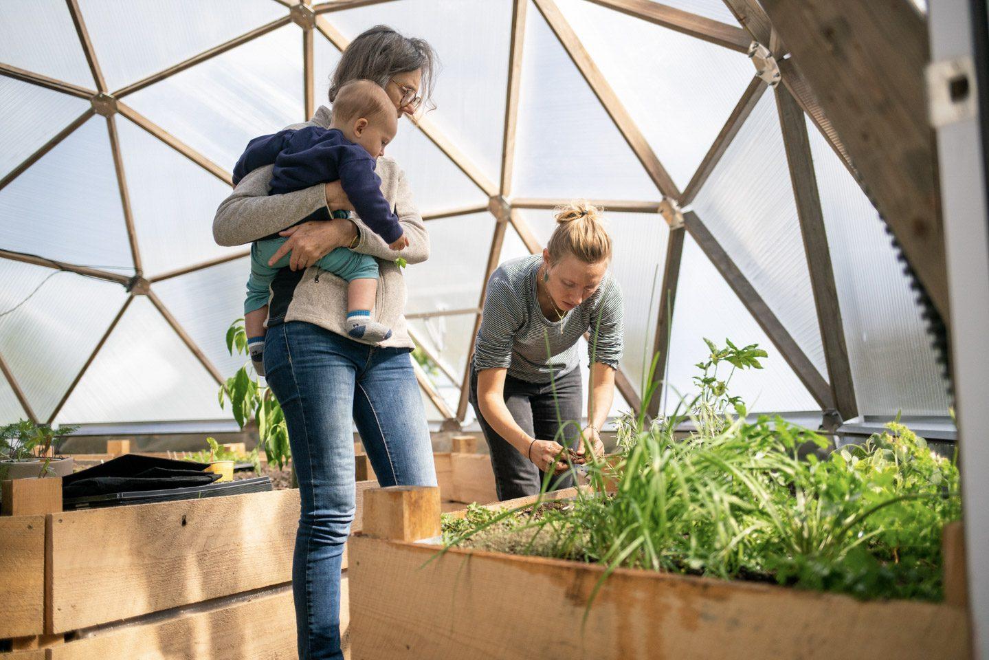 Gardening in raised beds inside a 26-foot Growing Dome