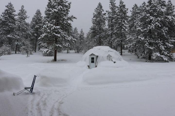 Snow on a Growing Dome geodesic greenhouse