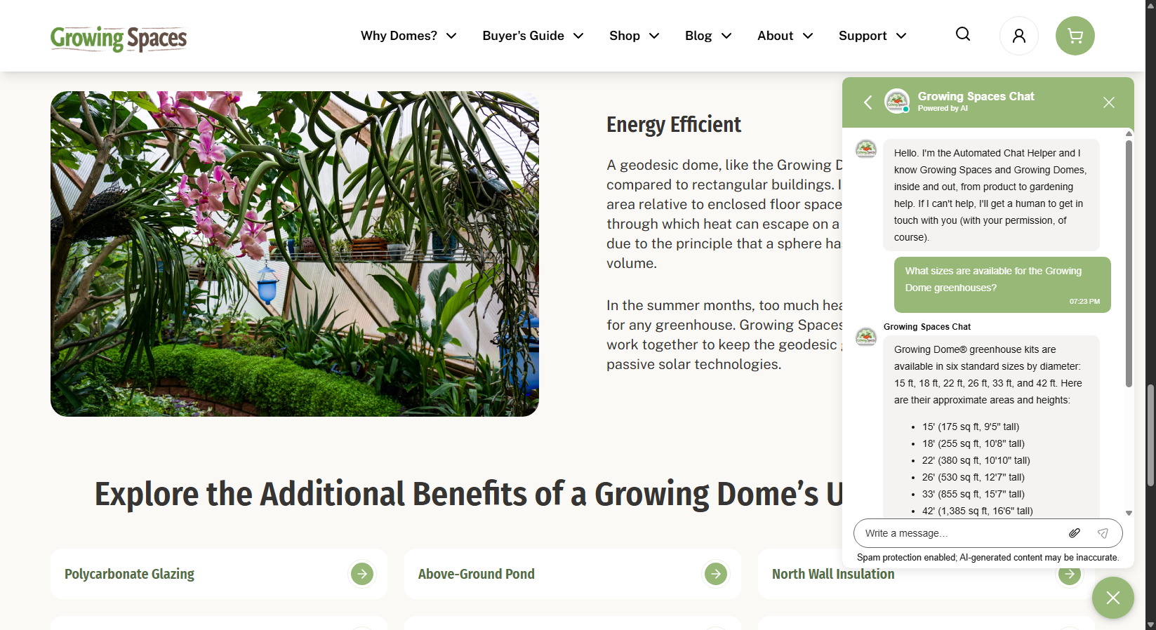 screenshot of growingspaces.com chat feature