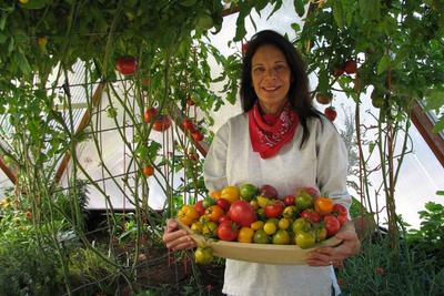 Woman holding a basket of tomatoes in her greenhouse