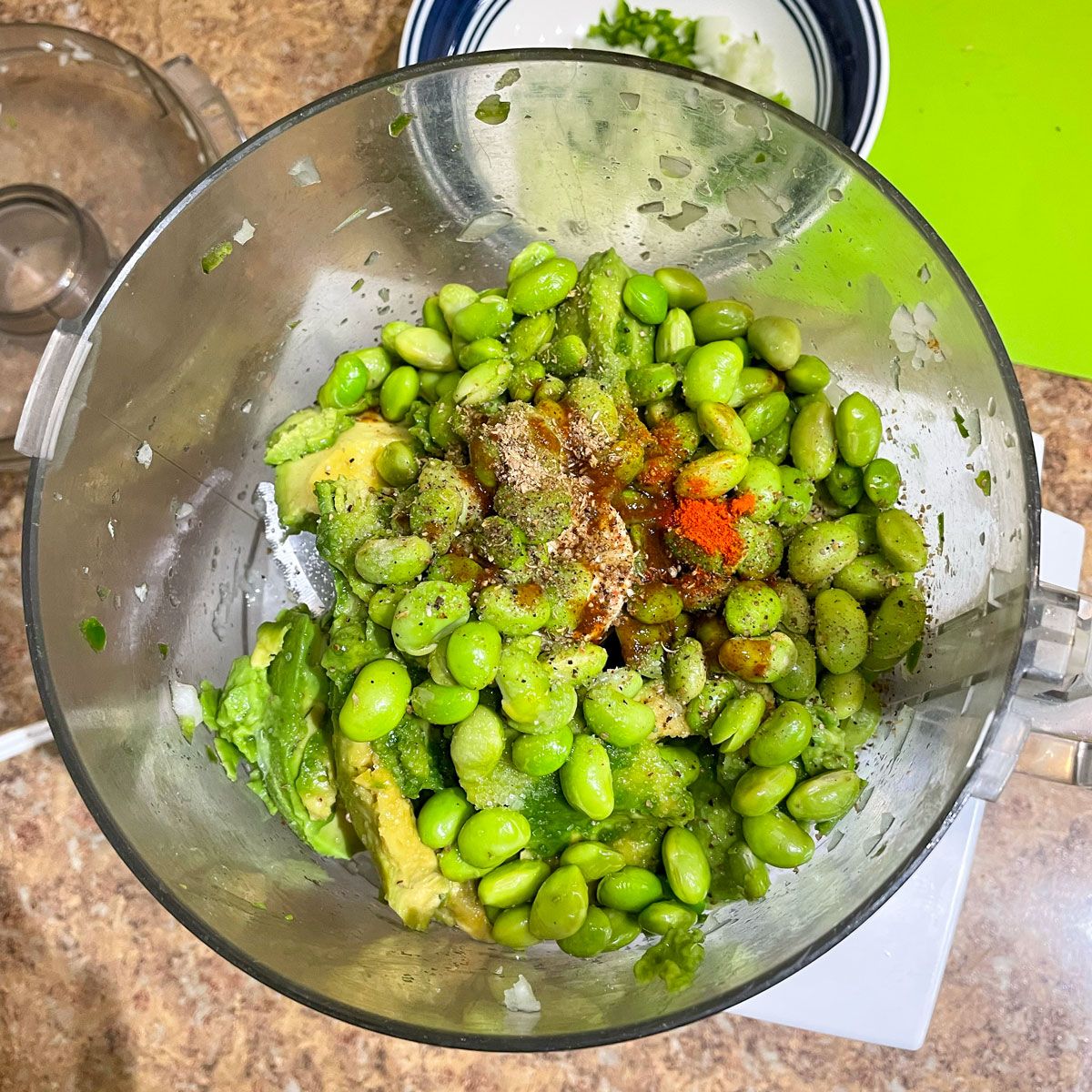 edamame spices and other ingredients in a food processor