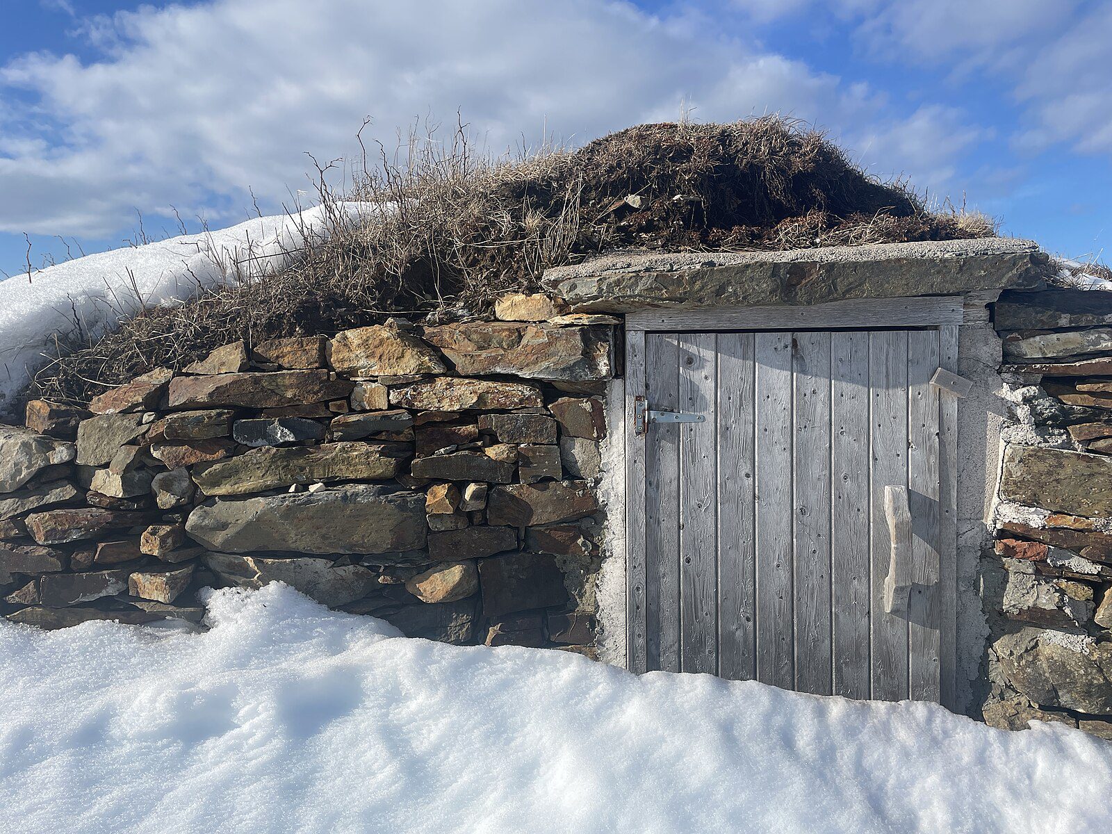 Elliston Root Cellar wooden door with rock walls and dirt roof, snow is piled against the door