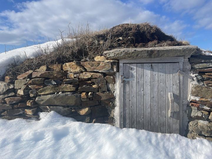 Elliston Root Cellar wooden door with rock walls and dirt roof, snow is piled against the door