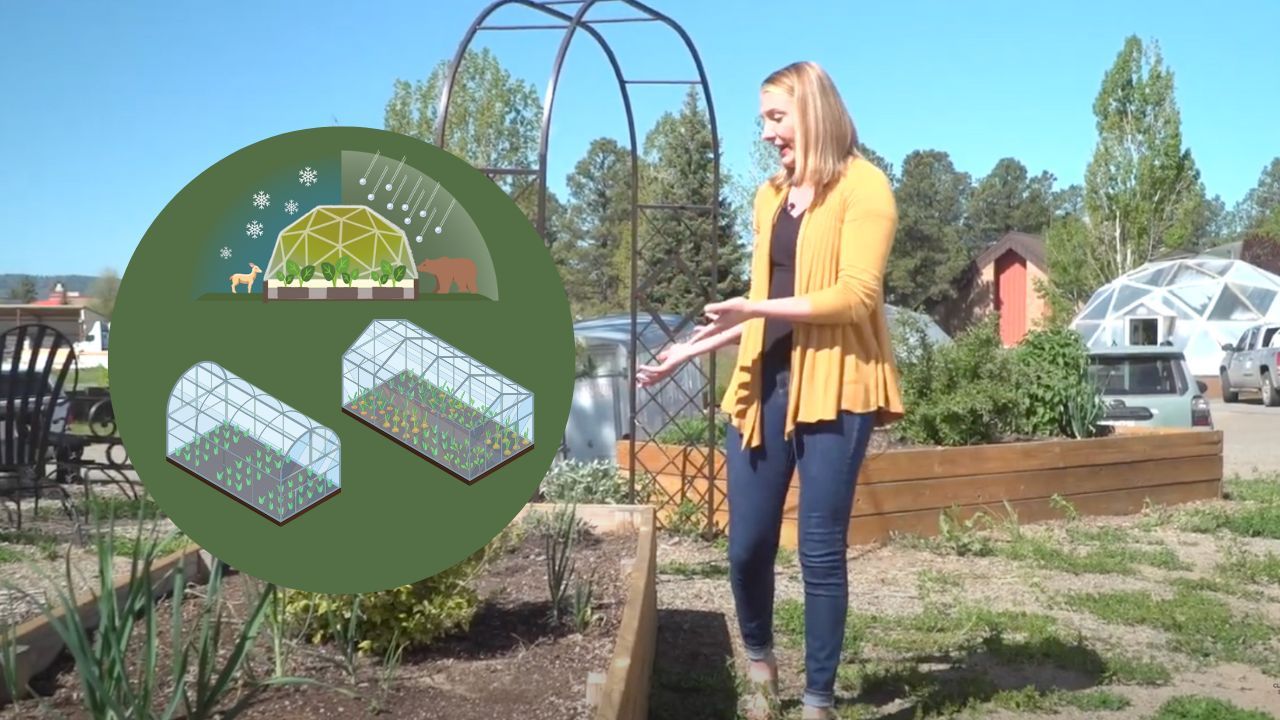 woman standing outside next to a raised garden bed with overlay graphic of different types of greenhouses