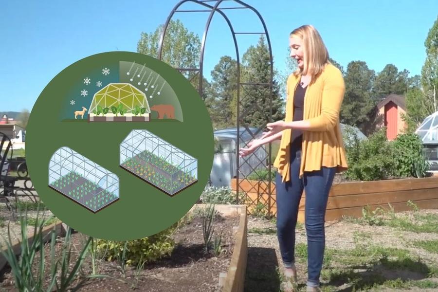 woman standing outside next to a raised garden bed with overlay graphic of different types of greenhouses