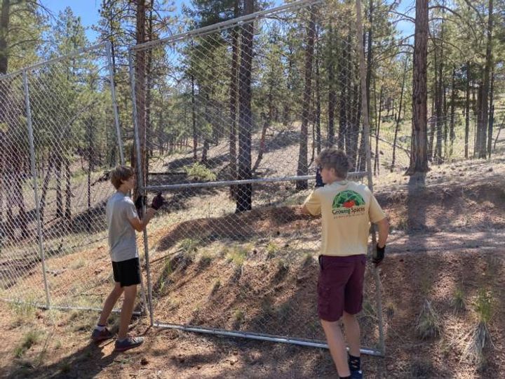 Growing Spaces crew helping to set up a fence