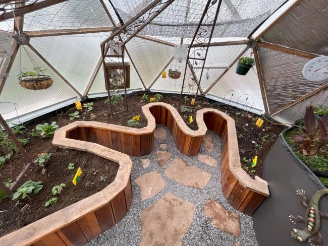Geodesic greenhouse with flowing bed design, flagstone paver floor, small plants, and yellow sticky traps
